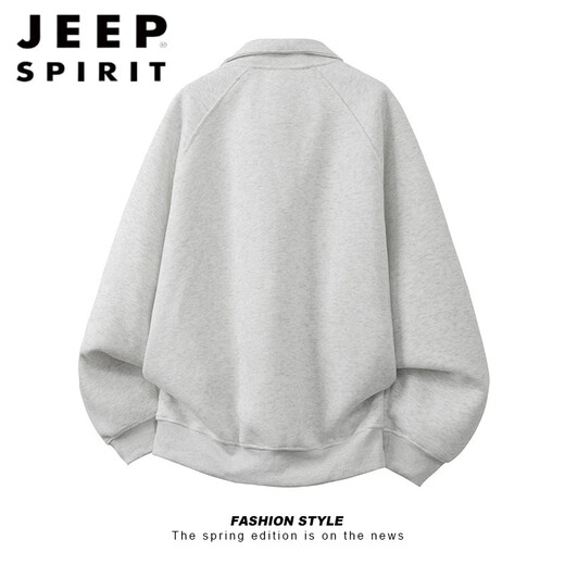 JEEP SPIRIT American solid color heavyweight stand-up collar cardigan 2026 new sweatshirt men's spring loose couple sports coat jacket hemp gray M