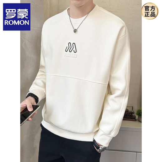 ROMON Men's Sweatshirt New 2026 Spring and Autumn Trendy Brand Three-dimensional Stenciled Embossed Heavy Bottoming Shirt Round Neck Long Sleeve T-shirt Black L