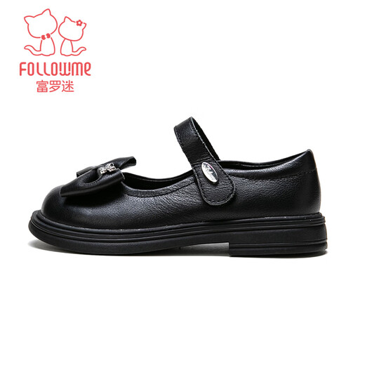 Fuluo Mi Girls Genuine Leather Shoes Spring and Autumn Soft Sole Black Single Shoes for Big Children Bow Princess Shoes Black Single Layer 35
