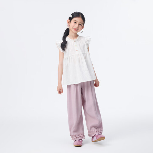 Xiaoyinman children's clothing girls round neck button-down shirt 26 summer children's texture casual breathable top for middle and large children off-white 150