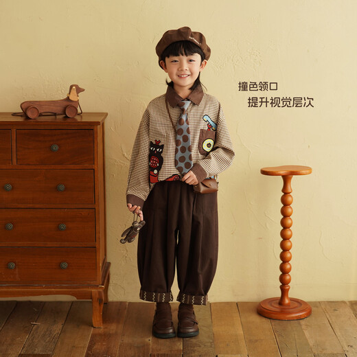 Yantaijia children's clothing boys' coffee color plaid long-sleeved shirt 2026 spring new style children's clothing children's shirt coffee color 120