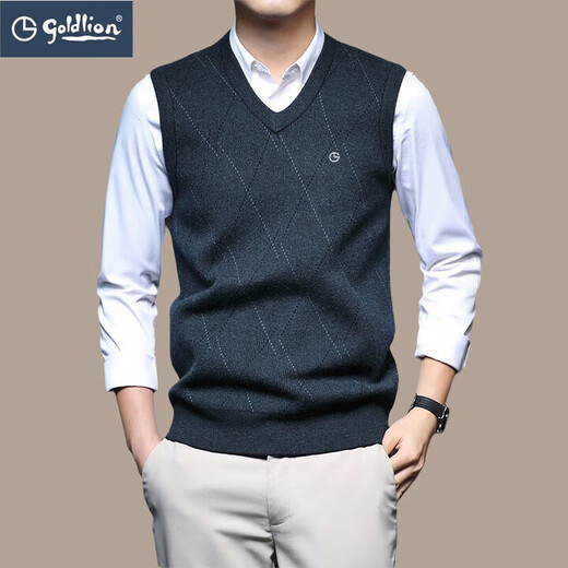 Goldlion Vest Vest Men's V-neck Pullover Sleeveless Sweater Middle-aged Solid Color Knitted Waistcoat Green 3XL