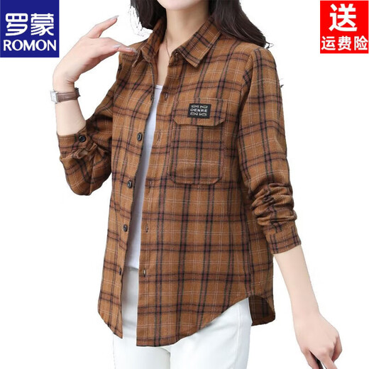 ROMON cotton spring and autumn clothing for middle-aged and elderly mother-in-law tops plaid shirt mother pure cotton shirt women's long sleeve women's loose large size pure cotton purple plaid XL recommended 95-110Jin Jin equals 0.5 kg