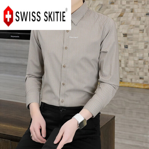 SKITIE Swiss military men's long-sleeved shirt spring and autumn new business casual striped formal shirt high-end clothes khaki counter quality L recommended 110-125Jin Jin equals 0.5 kg