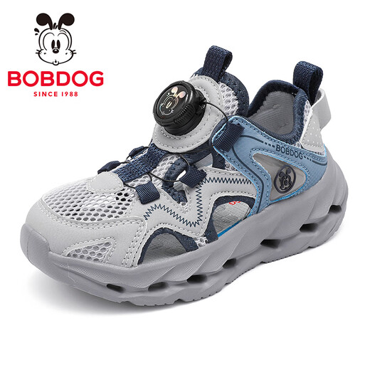 BOBDOG children's shoes, boys' shoes, 2026 new summer boys' breathable frame shoes, summer style baby boy toe-cap sandals, light hemp gray/navy blue 28, inner length 18cm, suitable for feet 17cm long
