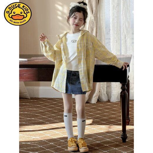 G.duck Little Yellow Duck Girls' Shirt 2026 Spring and Autumn New Korean Style Western Style Early Spring Wear Large Children's Hooded Plaid Shirt Yellow 170 cm