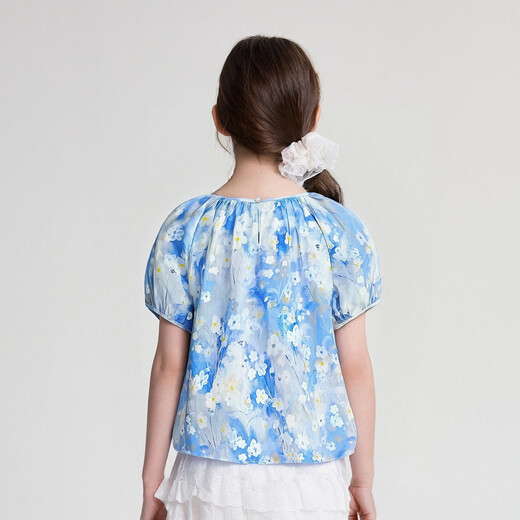 DEESHA Official Children's Clothing Girls' Shirt Summer New Style Big Kids Girls Children's Style Puff Sleeve Printed Cotton Shirt Blue Print 150