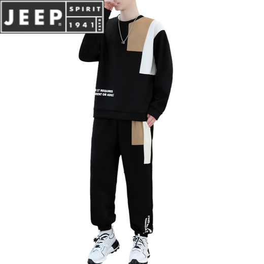JEEP SPIRIT suit men's spring and autumn casual sports wear set with contrasting color splicing loose long-sleeved thick cotton T with T4 black sweatshirt suit M (about 90-110Jin Jin equals 0.5 kg can be worn)