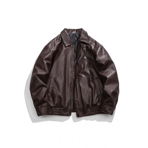 YISHion official flagship model Japanese solid color motorcycle bomber jacket men's American retro loose PU leather jacket autumn and winter clip black quilted thickened M