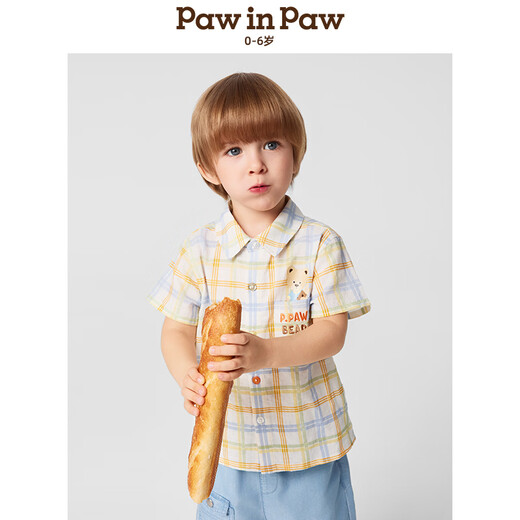 PawinPaw Cartoon Bear Children's Clothing 25 Spring and Summer Boys Lapel Plaid Shirt Mixed Color 110