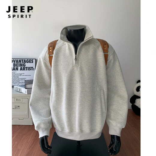 JEEP SPIRIT Sudadera casual americana con media cremallera y cuello alto para hombre, primavera, silueta holgada y pesada, abrigo deportivo juvenil, base gris claro M