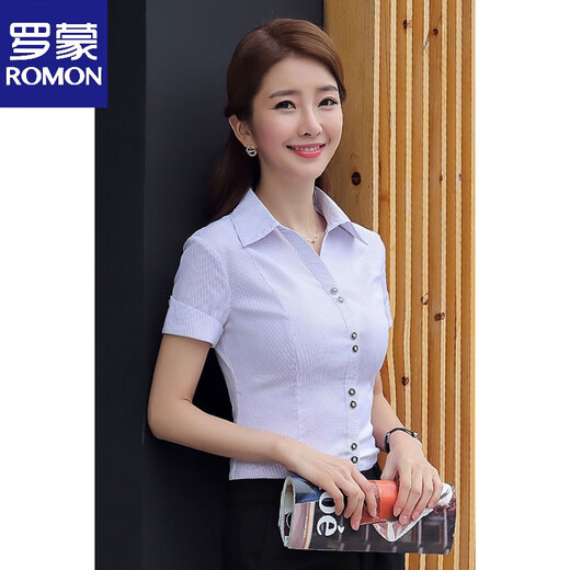 ROMON white shirt women's summer new short-sleeved top professional v-neck large size striped slim half-sleeved stretch shirt overalls purple short-sleeved S recommended 80-89Jin Jin equals 0.5 kg