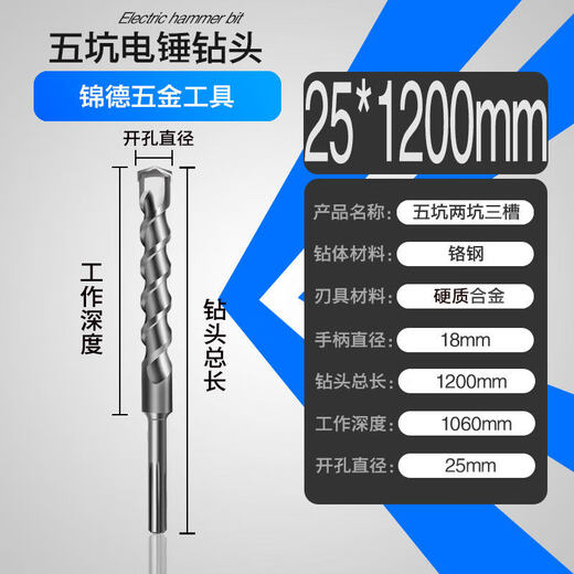 Drill bit set five-pit drill bit impact drill bit extended electric hammer drill bit 800-1m-1.5m-2m extended drill five-pit 25*1200