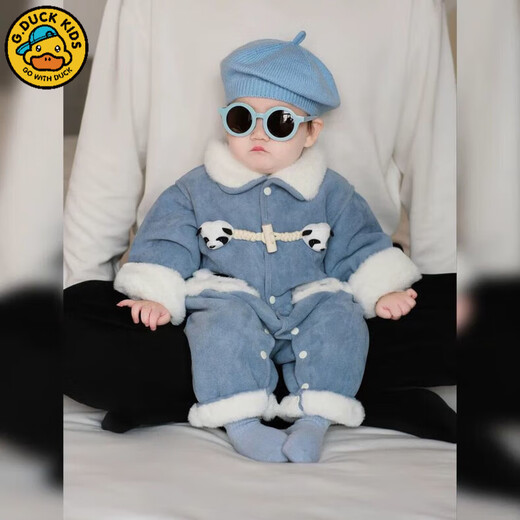 G.duck baby outdoor clothing, winter thickened baby boy clothes, winter quilted jumpsuit, newborn baby outdoor crawling clothing, quilted and velvet, blue 80cm 80