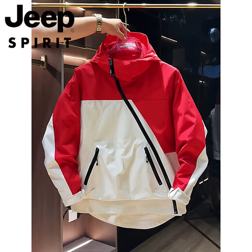 JEEP SPIRIT Spring and Autumn New Large Pocket Diagonal Zipper Work Jacket Men's Trendy Fashion Casual Hooded Jacket Windproof Jacket Black and White M