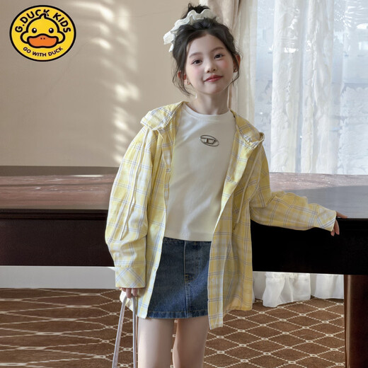 G.duck Little Yellow Duck Girls' Shirt 2026 Spring and Autumn New Korean Style Western Style Early Spring Wear Large Children's Hooded Plaid Shirt Yellow 170 cm