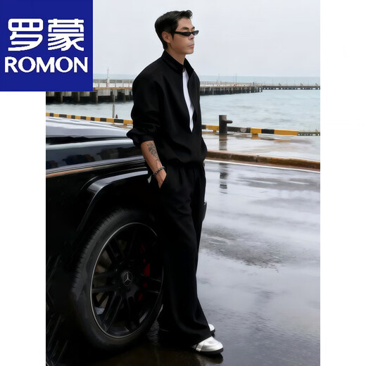 ROMON black fake two-piece V-neck sweatshirt for men, cool and handsome to wear, a complete set of Korean old-money style wide-leg sweatpants, black pants M (suitable)-115Jin Jin is equal to 0.5 kg