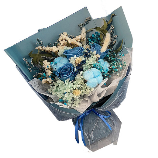 Korean style pink rose everlasting flower dried flower bouquet for bestie’s birthday gift Mother’s Day gift box for girlfriend Shanghai Pink rose elegant blue color matching upgraded version large hand holding nearly 60cm tall