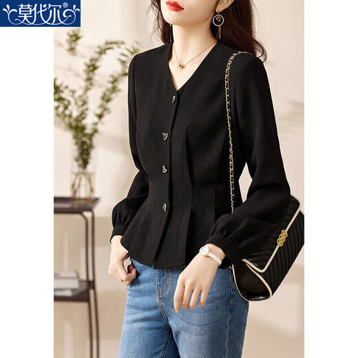 Modal V-neck black shirt women's long-sleeved 2026 spring and autumn new style chic and beautiful shirt high-end waist slimming top black L recommended 105-115 Jin Jin equals 0.5 kg