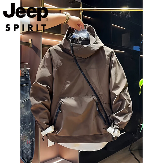 JEEP SPIRIT Spring and Autumn New Large Pocket Diagonal Zipper Work Jacket Men's Trendy Fashion Casual Hooded Jacket Windproof Jacket Black and White M