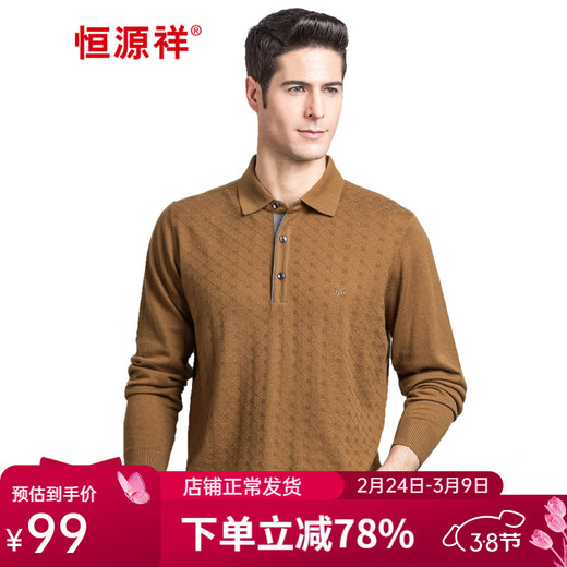 Hengyuanxiang 100 Pure Wool Sweater Men's Lapel Autumn and Winter Fashion Jacquard Young and Middle-aged Business Casual Pullover Long Sleeve Sweater Brown XL (180)