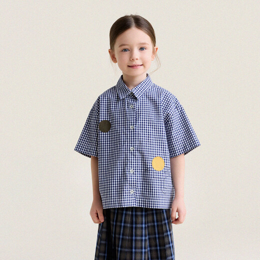 Yoona's Mom Girls 2026 Spring New Korean Plaid Short-Sleeved Children's Fashion Shirt Baby Shirt Top Trendy Blue and White Checkered Ready Stock 140