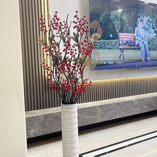 Leaf vein simulated dried flower bouquet, artificial flower ornaments, floor-to-ceiling living room red berry entrance large decorative flower arrangement, eternal green leaves, red fruit ginkgo leaves, with bottle