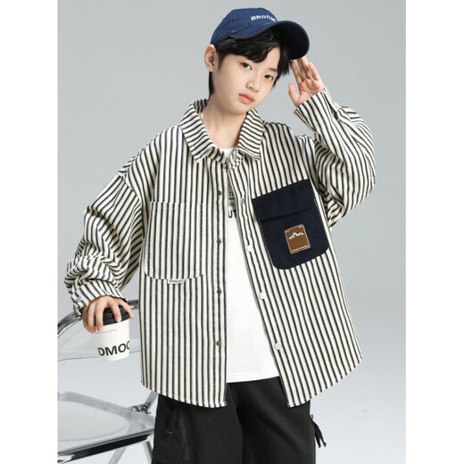 BALA Boys' Spring Striped White Shirt 2026 New Spring Clothing Medium and Large Children Boys Spring and Autumn Lining Blue Stripes 110 cm