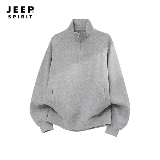 JEEP SPIRIT Sudadera casual americana con media cremallera y cuello alto para hombre, primavera, silueta holgada y pesada, abrigo deportivo juvenil, base gris claro M