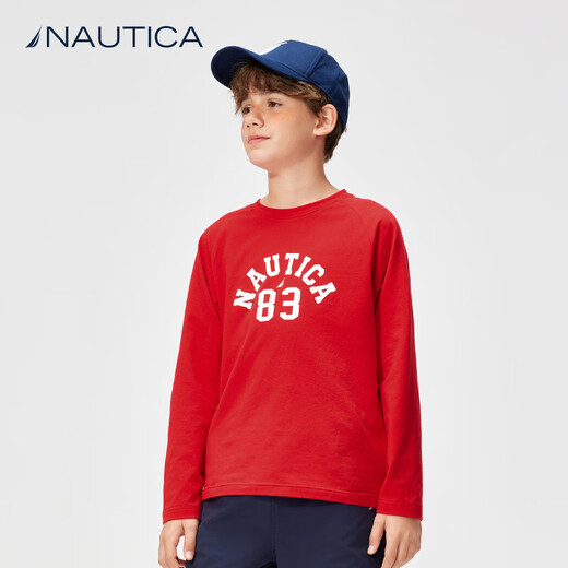 NAUTICA children's clothing long-sleeved T-shirts for boys and girls, early spring, big children's tops, autumn children's casual bottoming shirts, quick-drying clothes, red 140