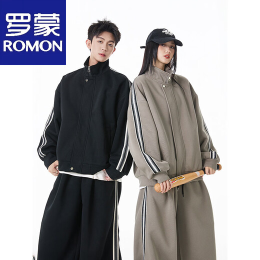 ROMON American sports style striped cardigan sweatshirt suit for men and women, trendy brand autumn loose and drapey casual sweatpants two-piece set >Click to view the size<This photo is taken in taupe M by default