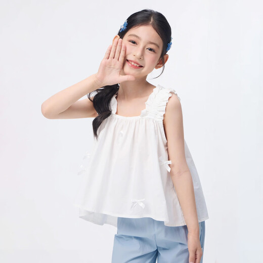 Xiaoyinman children's clothing girls' pure cotton breathable shirt with ribbon bow 26 summer mid-sized children's top halter top white 170