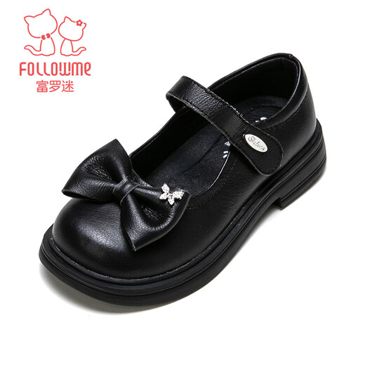 Fuluo Mi Girls Genuine Leather Shoes Spring and Autumn Soft Sole Black Single Shoes for Big Children Bow Princess Shoes Black Single Layer 35