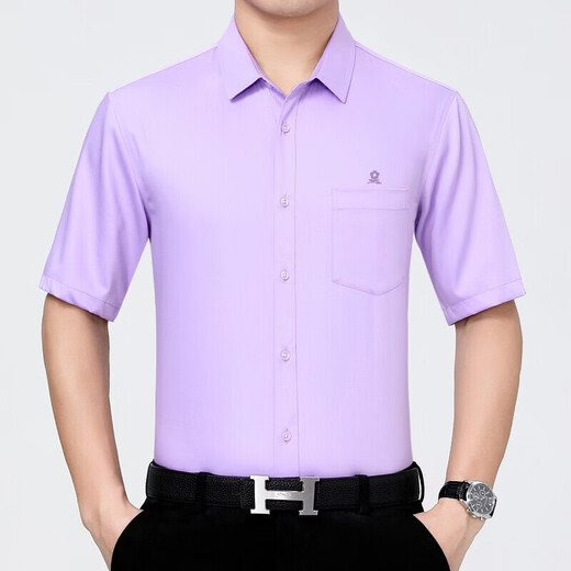MONTAGUT Camisa francesa de manga corta para hombre, camisa de seda de morera de verano para hombre de mediana edad, color liso, sin planchar, con bolsillos violeta 6828 (con bolsillos) XL 180/96A (recomendado 156-170 Jin Jin equivale a 0,5 kg)
