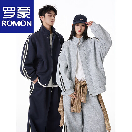 ROMON American sports style striped cardigan sweatshirt suit for men and women, trendy brand autumn loose and drapey casual sweatpants two-piece set >Click to view the size<This photo is taken in taupe M by default