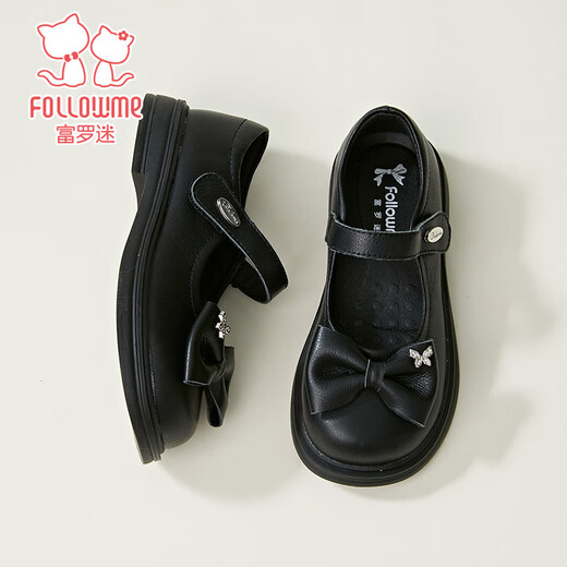 Fuluo Mi Girls Genuine Leather Shoes Spring and Autumn Soft Sole Black Single Shoes for Big Children Bow Princess Shoes Black Single Layer 35