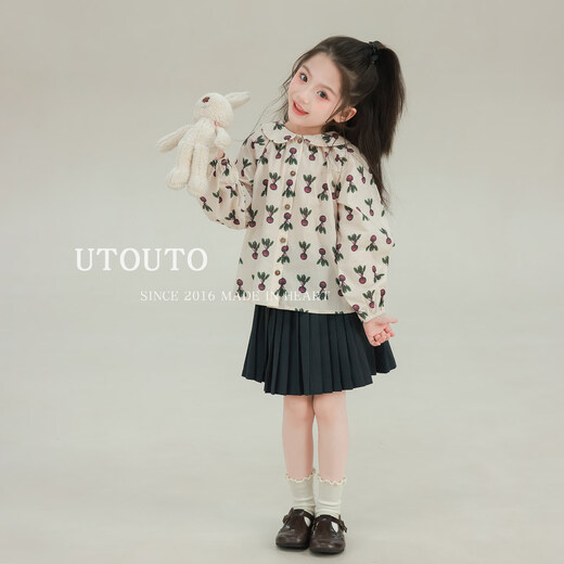 UTOUTO Big Ear Elephant Girls Carrot Lapel Long Sleeve Shirt 2026 Spring New Baoer Pure Cotton Casual Doll Collar Top Dark Apricot Ready Stock 100