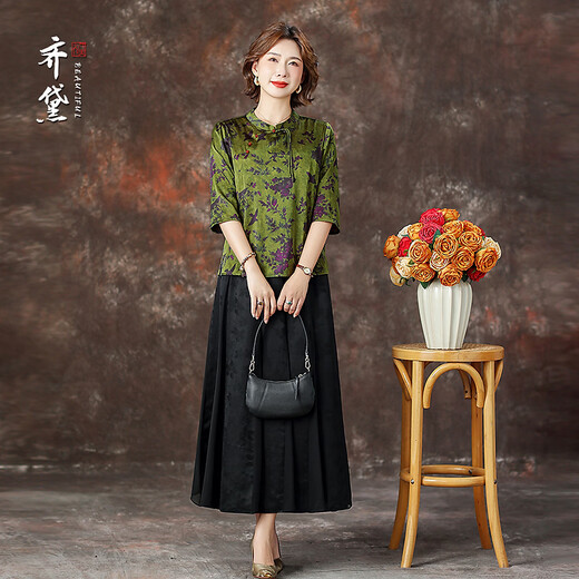 QUEDIT silk Chinese-style mulberry silk mid-sleeve shirt 2026 new stand-up collar plate-button oblique placket flower and bird print top Qingtang Ningzi/21 Mumi silk stretch satin L Recommended 110Jin Jin is equal to within 0.5 kg
