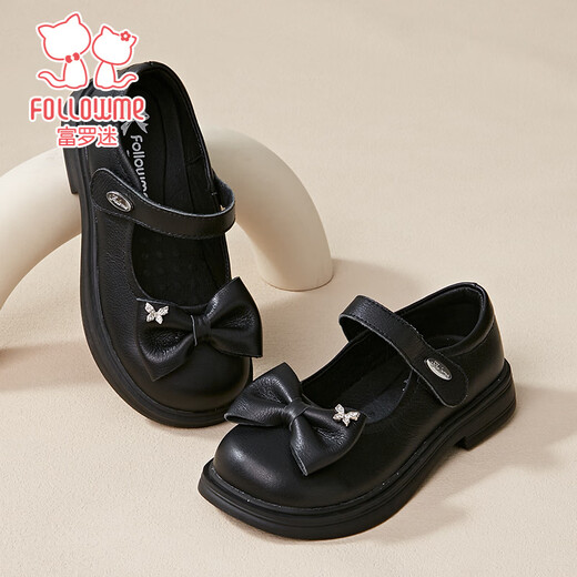 Fuluo Mi Girls Genuine Leather Shoes Spring and Autumn Soft Sole Black Single Shoes for Big Children Bow Princess Shoes Black Single Layer 35