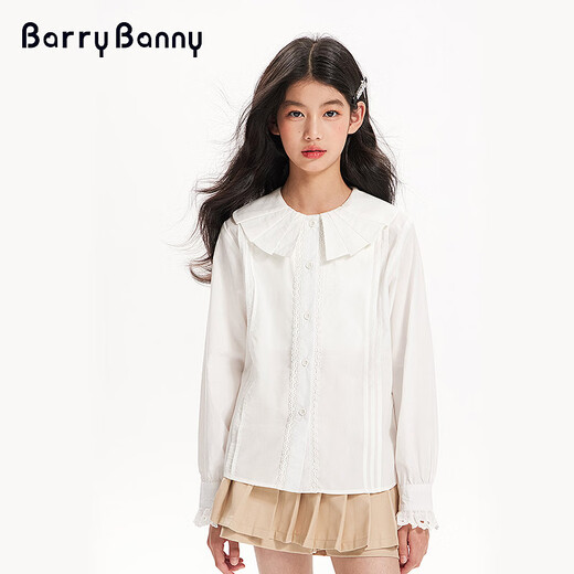 BARRY BANNY Girls' Tencel Lyocell Shirt 2026 Spring Doll Collar Top Loose Cardigan CX506 White 160