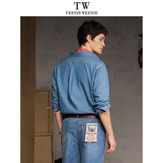 Teenie Weenie Bear Men's 2026 Summer Embroidered Bear Lapel Simple Casual Long Sleeve Denim Shirt Denim Color 2XL