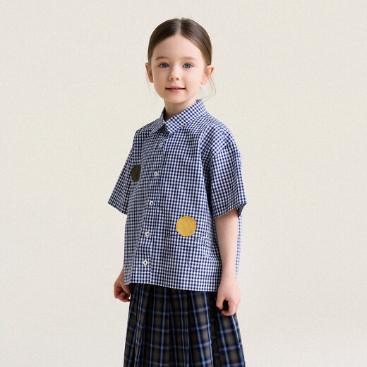 Yoona's Mom Girls 2026 Spring New Korean Plaid Short-Sleeved Children's Fashion Shirt Baby Shirt Top Trendy Blue and White Checkered Ready Stock 140