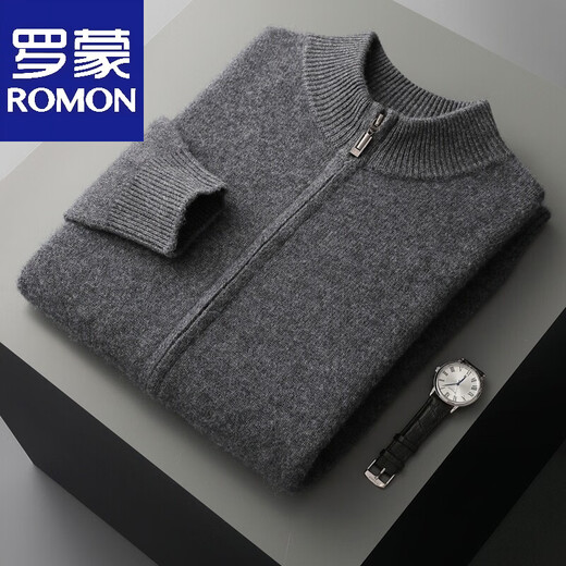 ROMON's new autumn and winter thickened casual sports suit men's knitted sweatshirt shrunken sweatpants pure wool cardigan jacket dark gray top S (90-110Jin Jin equals 0.5 kg)