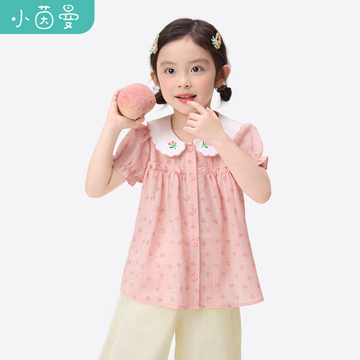Xiaoyinman baby girl short-sleeved shirt thin section 26 summer girls cute doll collar floral puff sleeve plaid shirt pink 105