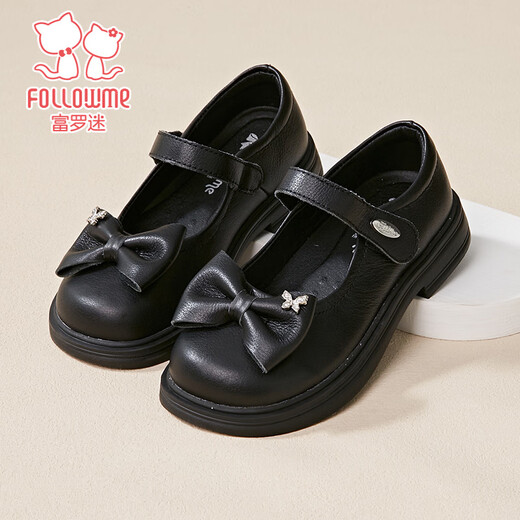 Fuluo Mi Girls Genuine Leather Shoes Spring and Autumn Soft Sole Black Single Shoes for Big Children Bow Princess Shoes Black Single Layer 35