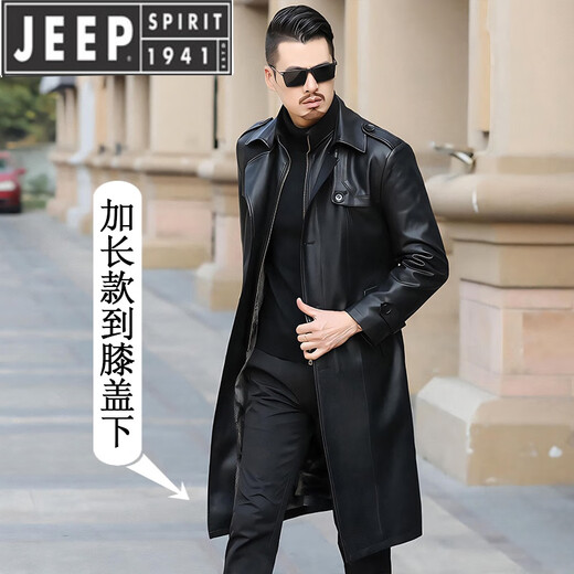 JEEP SPIRIT long knee-length leather jacket for men, down-lined leather windbreaker, winter jacket, sheepskin coat, genuine leather down jacket, plus fleece, detachable inner collar and inner placket, 5XL/200 size