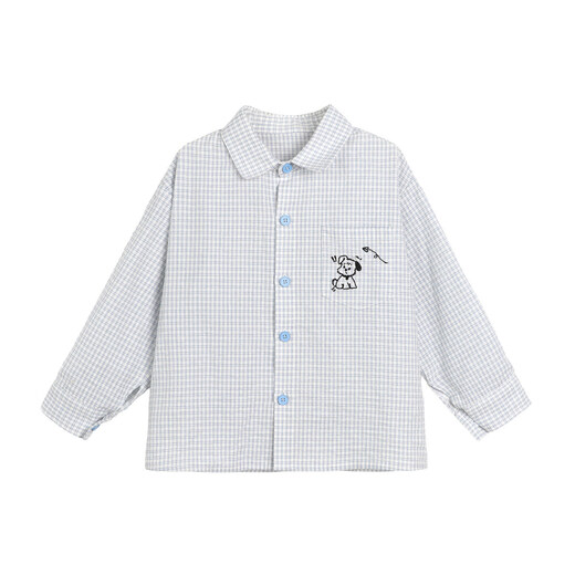 LUSON Boys Classic Plaid Embroidered Shirt 2026 Spring New Cute Retro College Style Top Blue 90