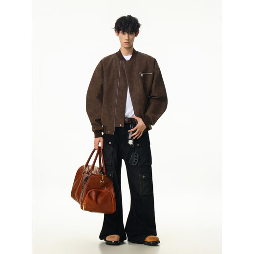 American Retro Leather Jacket Men's Style 2025 Spring and Autumn New Style Street Motorcycle Suit Popular Jacket Top Black 2XL