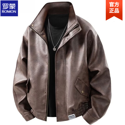 ROMON Leather Jacket Men's 2026 New Spring and Autumn Versatile Loose Windproof Stand Collar Casual PU Leather Jacket Brown M Recommended 90-115 Jin Jin equals 0.5 kg