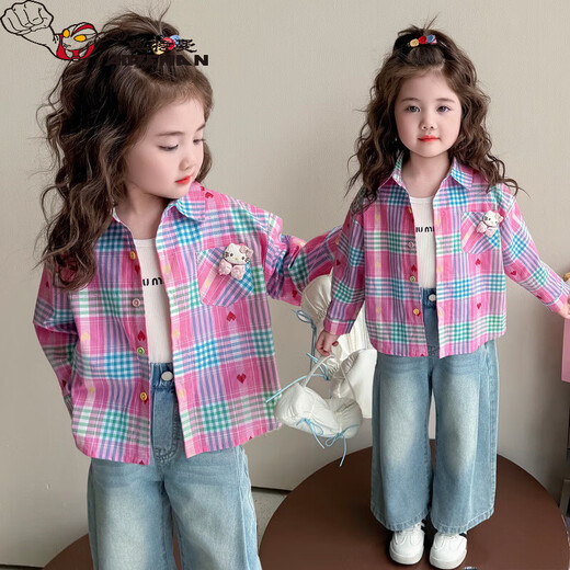 Ultraman girls' shirt spring and autumn 2026 new style children's fashionable baby cartoon long-sleeved spring plaid spring jacket pink 90 cm